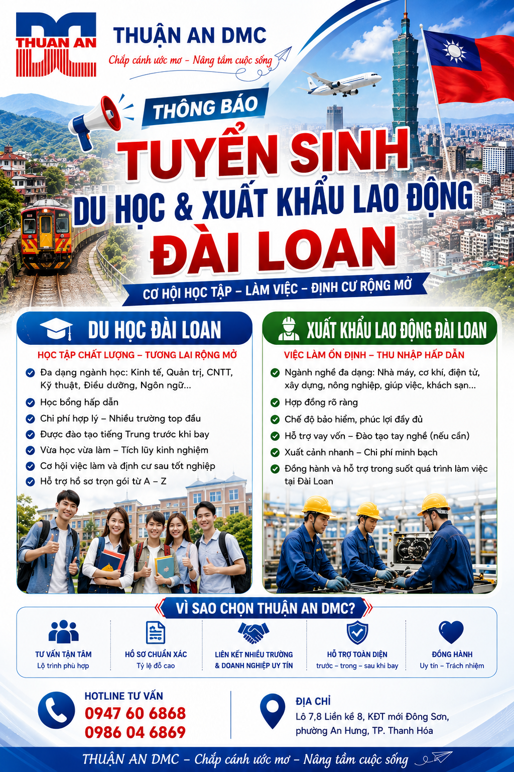 Tuyển Sinh DU HỌC XUẤT KHẨU LAO ĐỘNG ĐÀI LOAN
